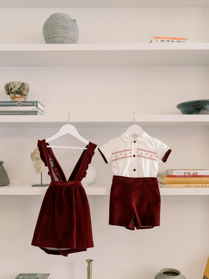Burgundy Reina Velvet Girl Pinafore Skirt