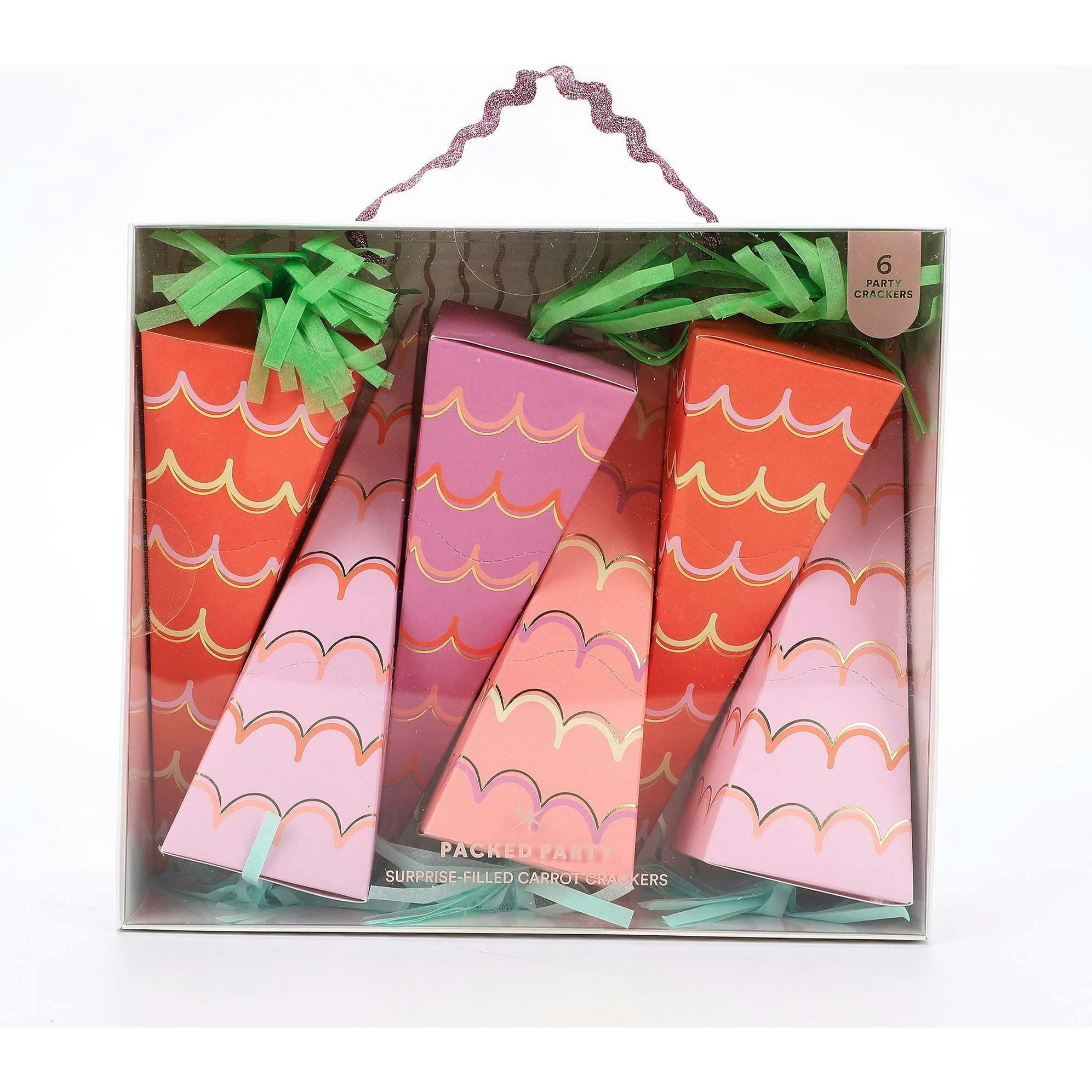 Packed Party Garden Party Carrot Easter Party Crackers Set of 6 - Gold Foil Carrot-Shaped Poppers with Multicolor Confetti and Metal Charm Surprises, 8-9 Inch