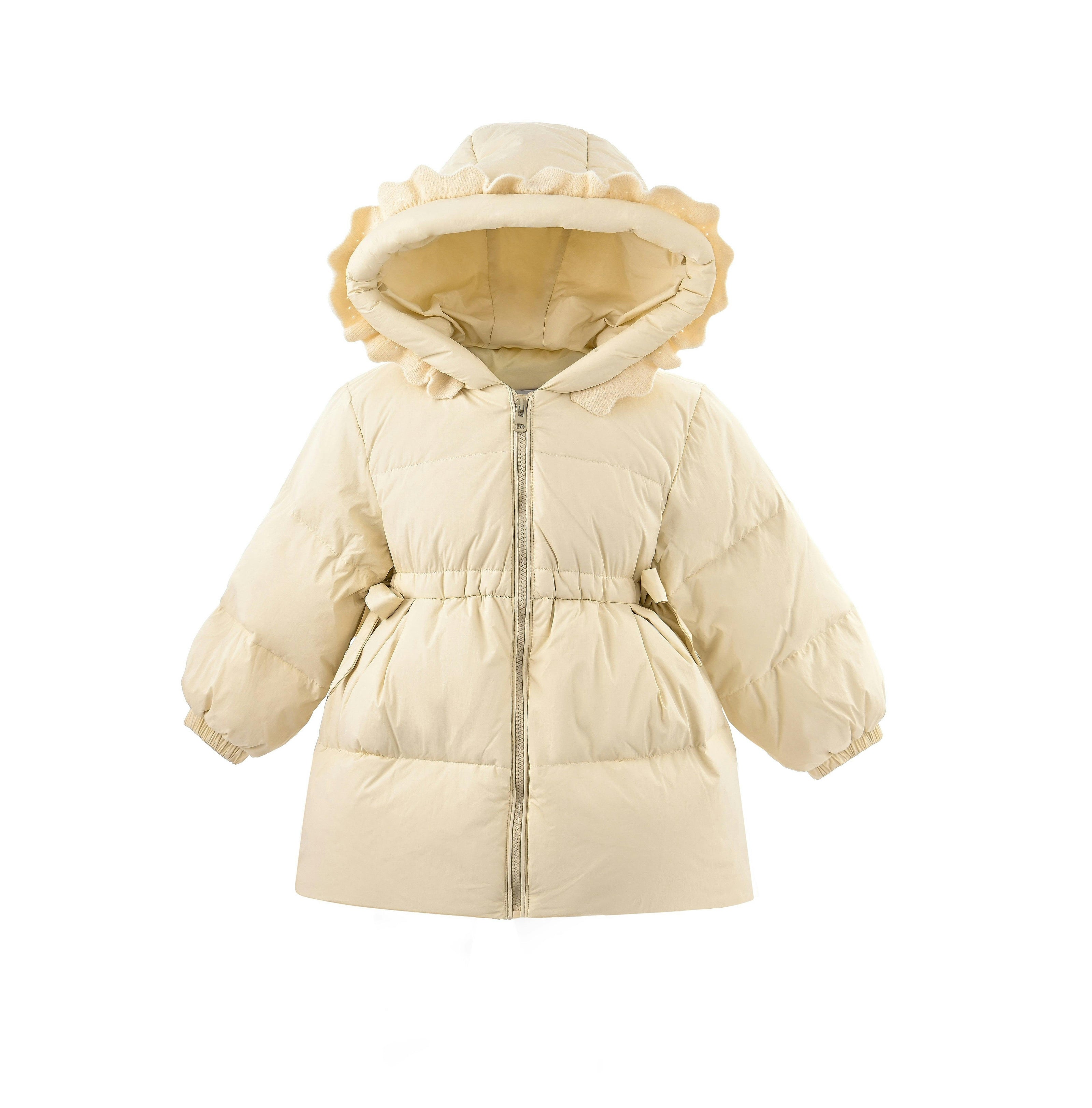 Beige Ruffle-Hood Coat with Matching Scarf
