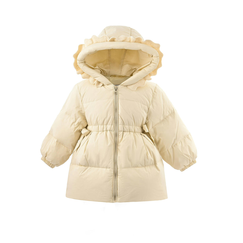 Beige Ruffle-Hood Coat with Matching Scarf