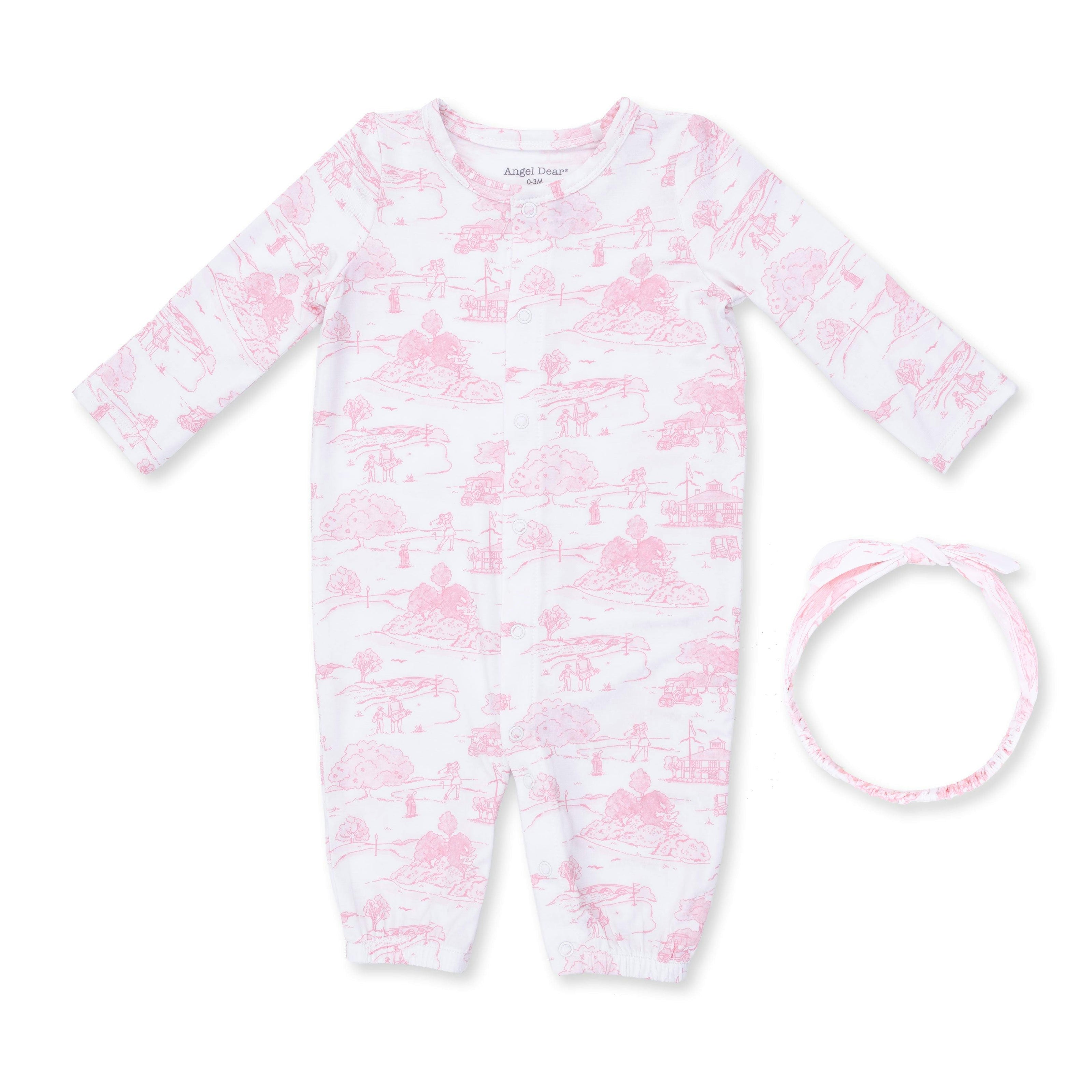 Golf Toile Pink - Convertible Gown and Knot Headband