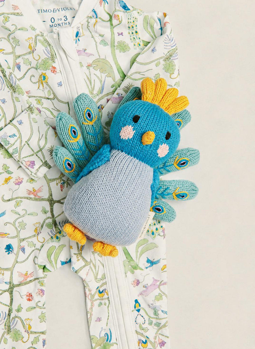 Baby Zippered One-Piece - Tropical Garden and Violet the Peacock - Knit Doll