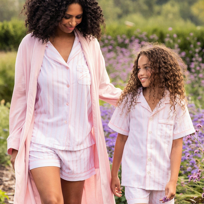 Kid's Twill Pajama Short Set in Pink and White Stripe
