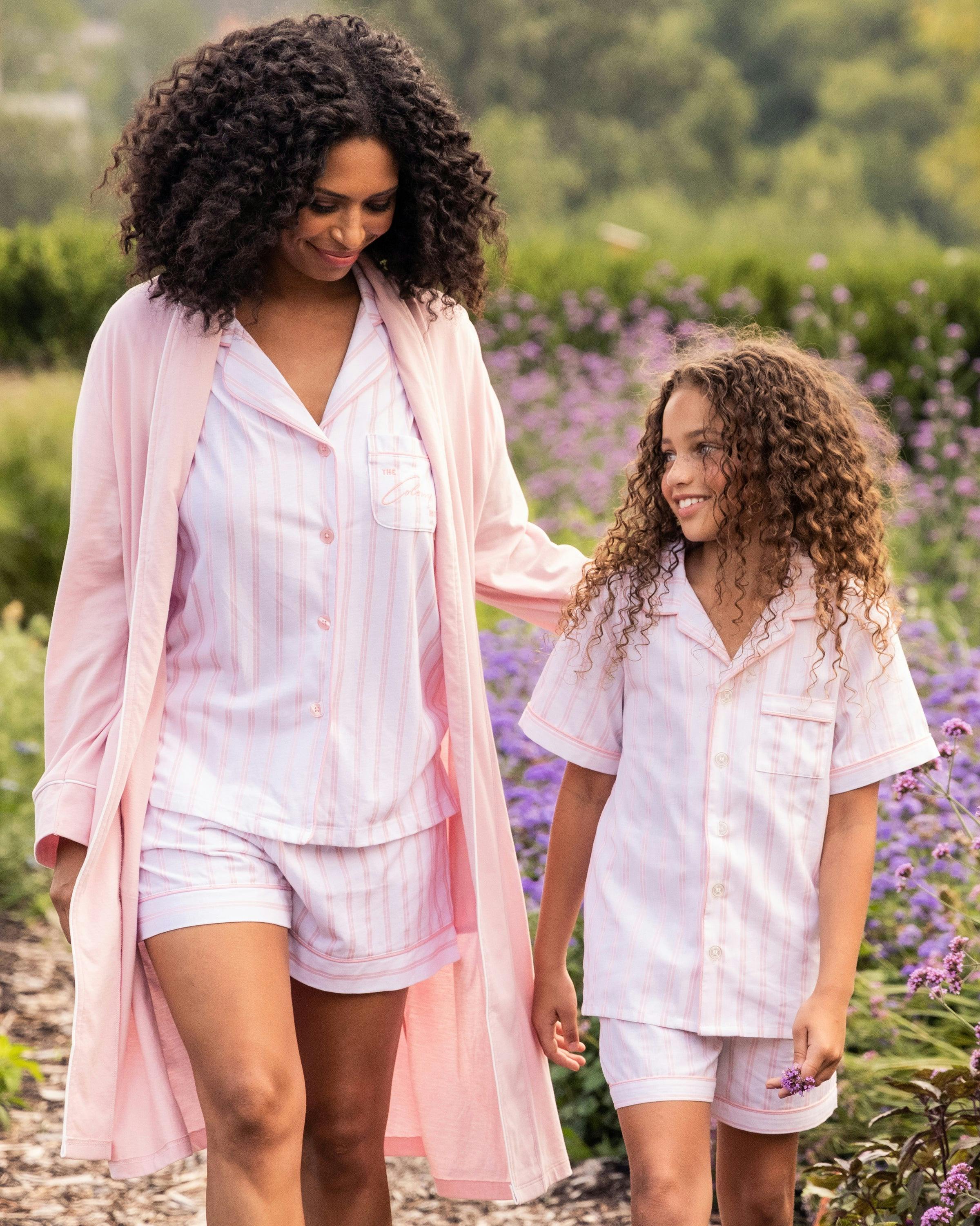 Kid's Twill Pajama Short Set in Pink and White Stripe