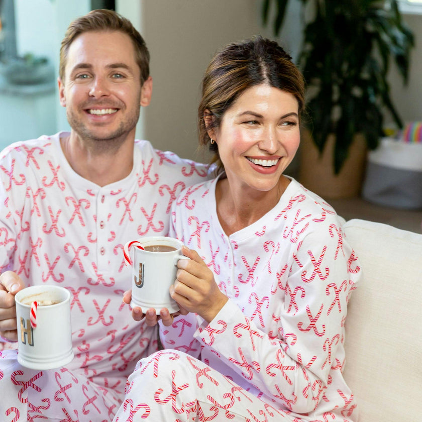 Women's Candy Cane Long PJ Set - Red White Organic Stretch Jersey Knit Cotton