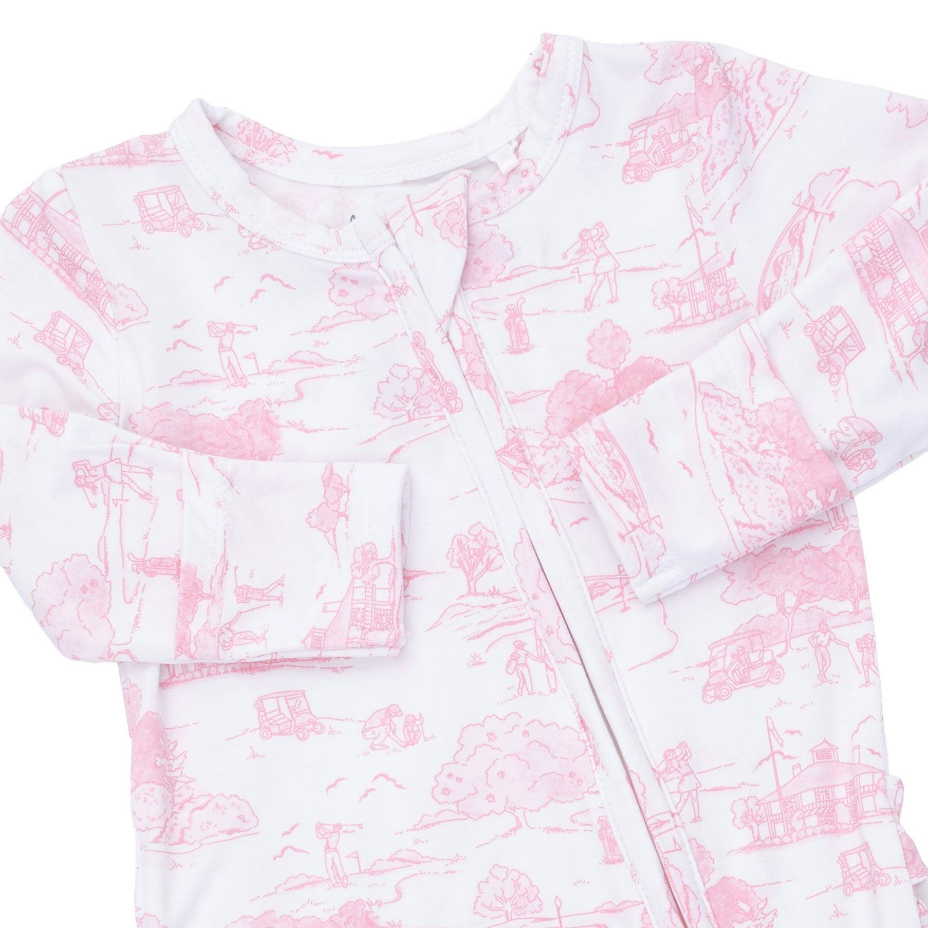 Golf Toile Pink - 2 Way Ruffle Back Zipper Footie