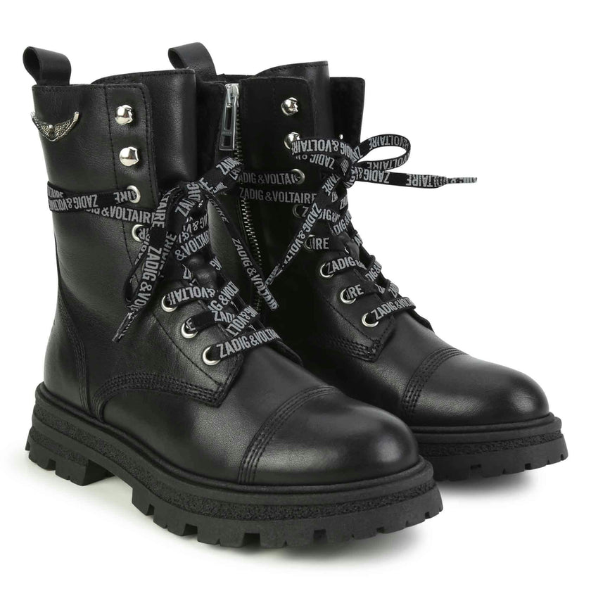 Logo-Print Laces Leather Combat Boots
