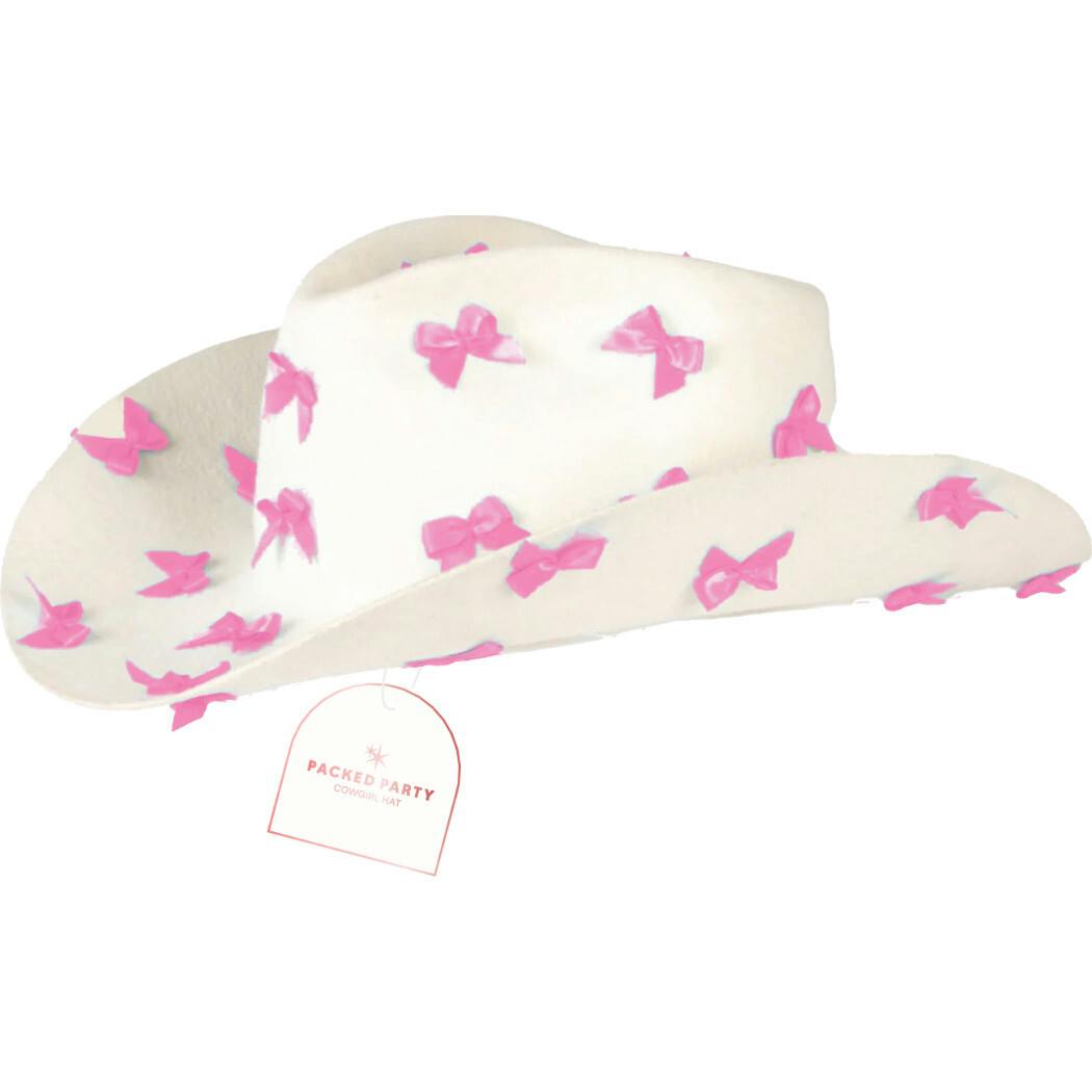 Packed Party Howdy Darling Pink Bow Cowboy Hat - White Felt Cattleman's Crease Cowgirl Hat with Pink Satin Ribbon Bows, One Size Fits All