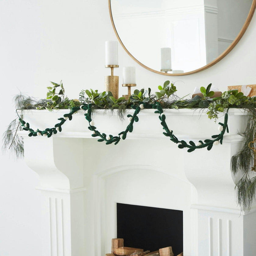 Handmade Christmas Garland and Bunting - Cream Velvet Balls and Felt Mistletoe - 6'