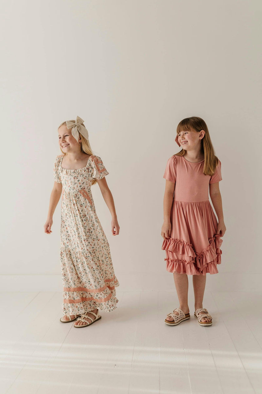 Girls Peasant Ruffle Maxi Dress in Dasha Ditsy in Cream