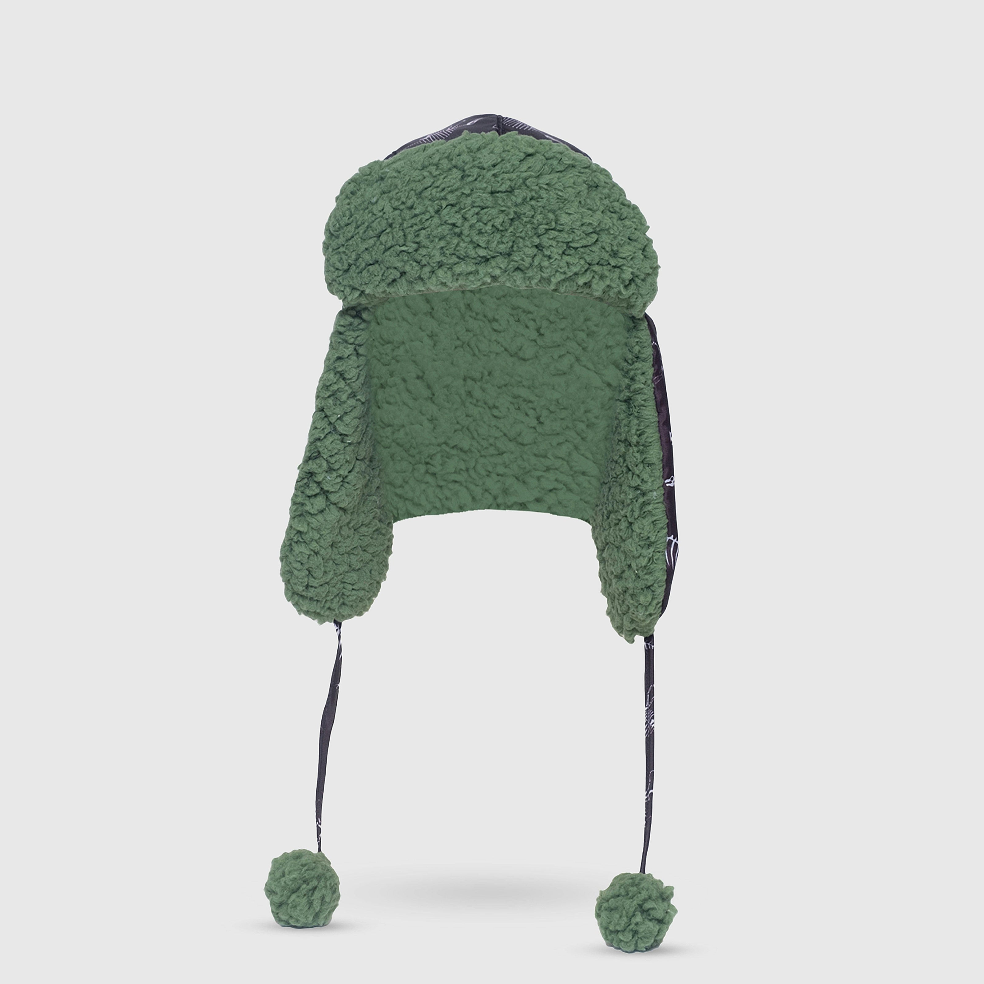 The Cozy Trapper – Dino Bones Print with Katydid Green Sherpa Liner & Pompoms