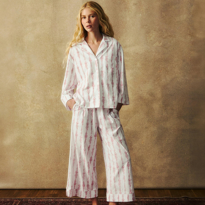 The Olivia Wide Leg Pima Pajama Set in Pink Mayfair Toile