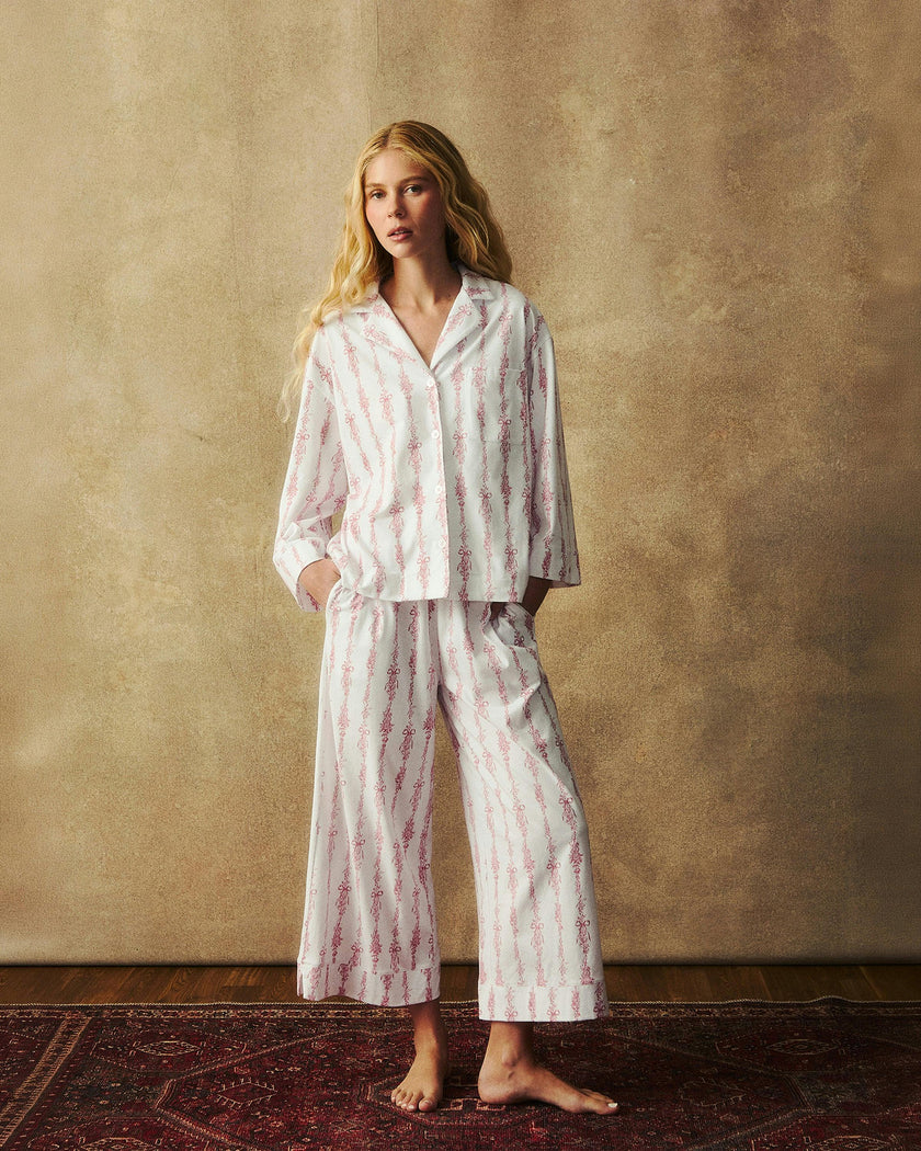 The Olivia Wide Leg Pima Pajama Set in Pink Mayfair Toile