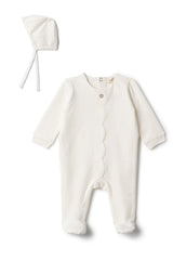 Cotton Scalloped Snap Front Romper and Bonnet Two Piece Set