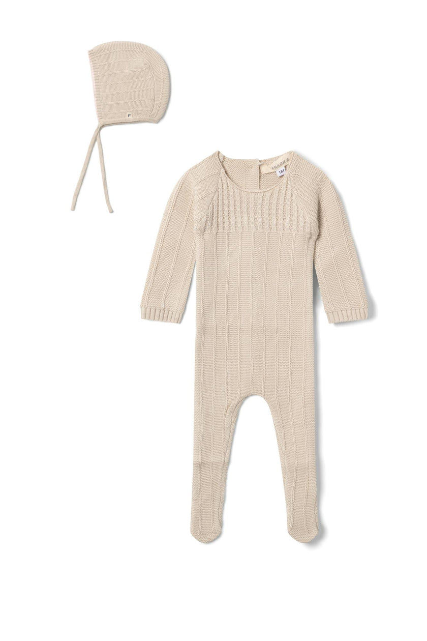 Cable Knit Button Front Romper and Bonnet Two Piece Set