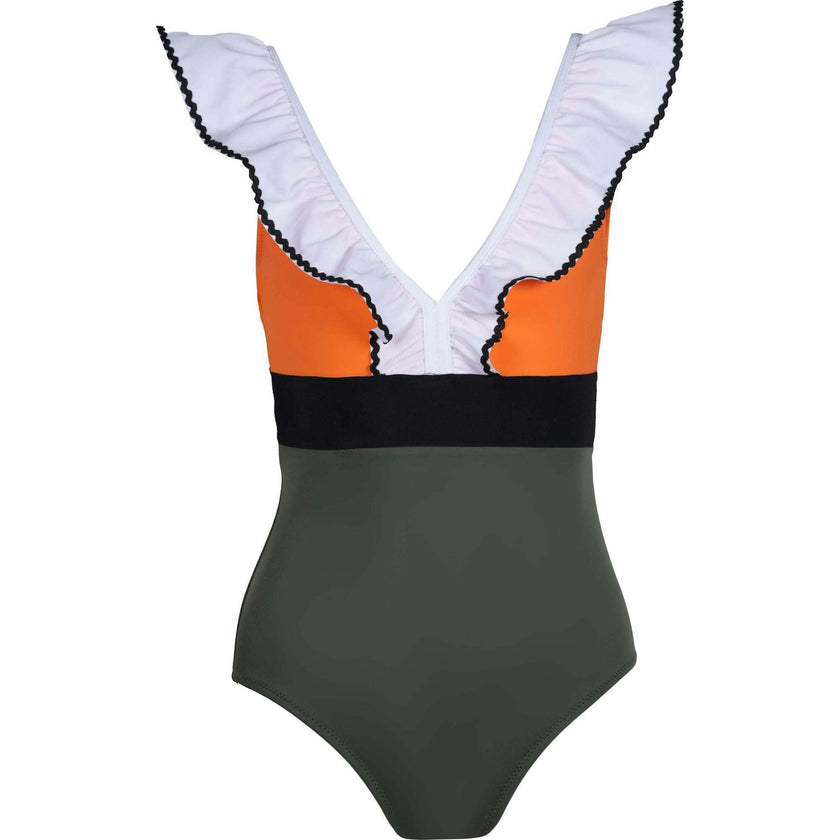 Zuma Contrast Ruffle V-Neck Swimsuit