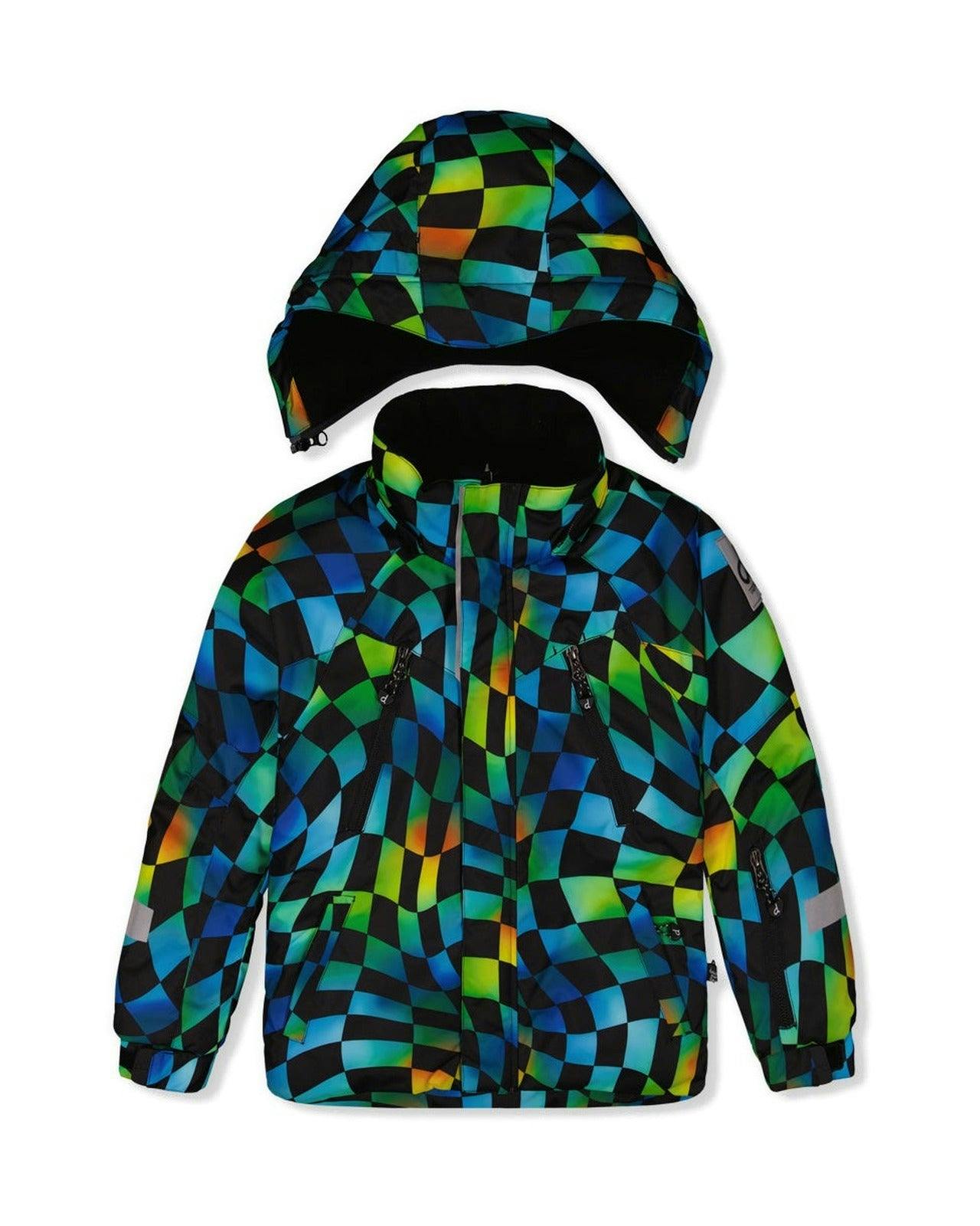 Two Piece Play Snowsuit Green Yellow And Blue Checkerboard With Black Pants