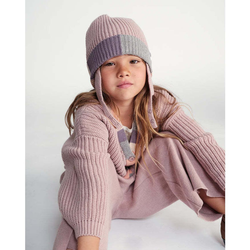 Chunky Ribbed Knit Chin Strap Snap Earflaps Elastic Fit Beanie