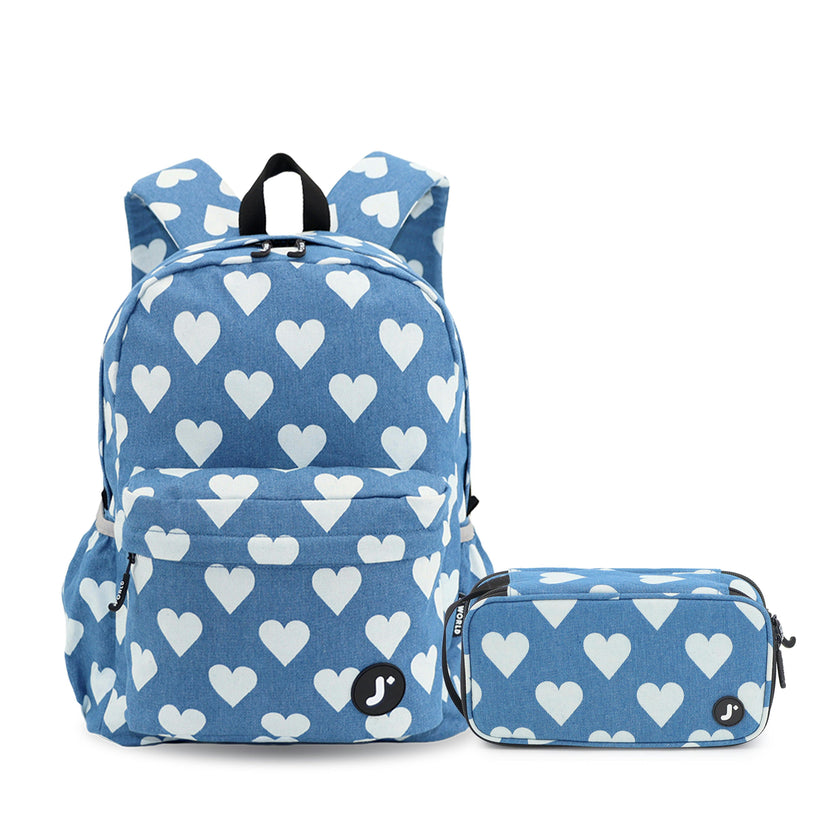 Oz Daypack Backpack with Doodle Large Pencil Case in Denim Heart