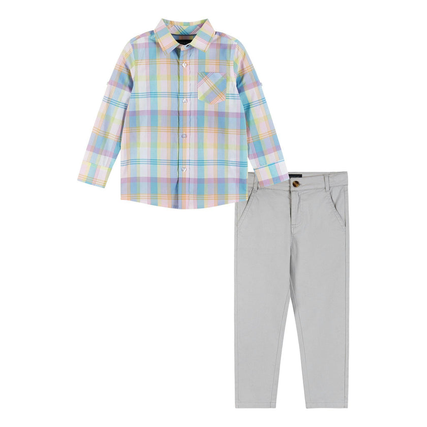Plaid Buttondown  Two-Faced Shirt and Pants Set