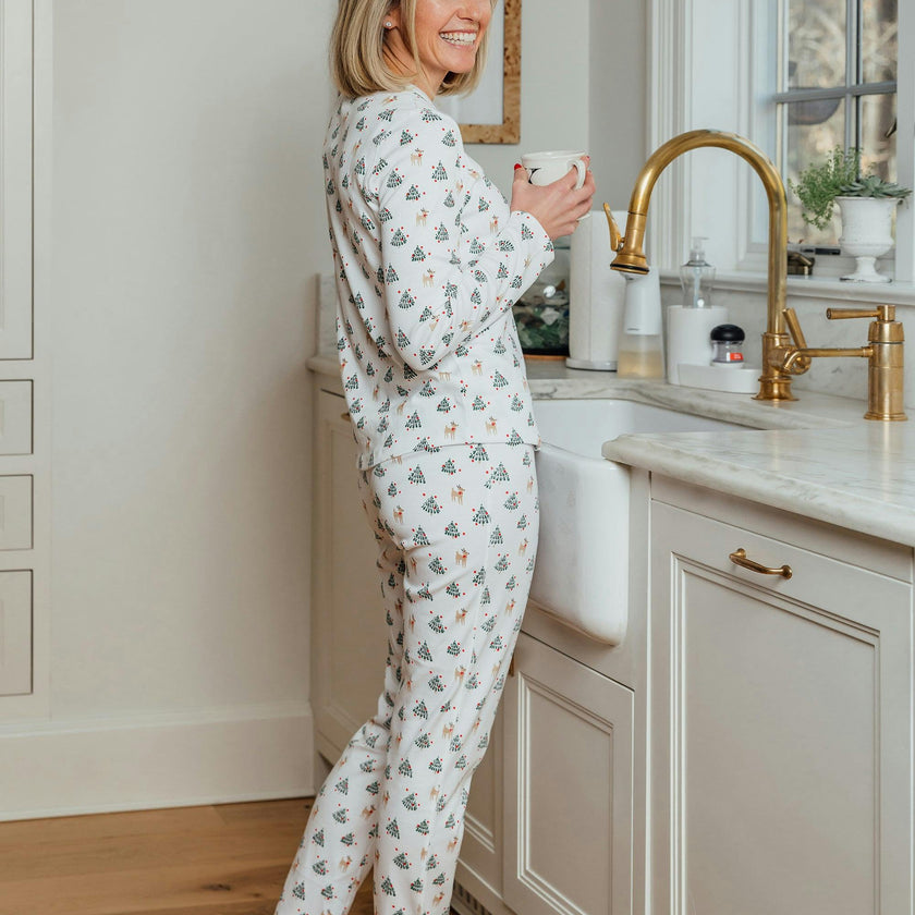 Women's Organic Henley Pajama Set with Pants [Tinsel Trees]