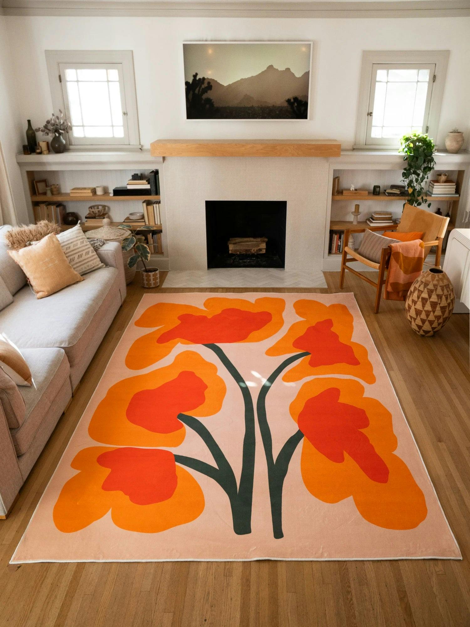 Orange Abstract Floral Sprig Rug by Sophie Deller