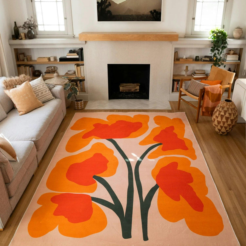 Orange Abstract Floral Sprig Rug by Sophie Deller