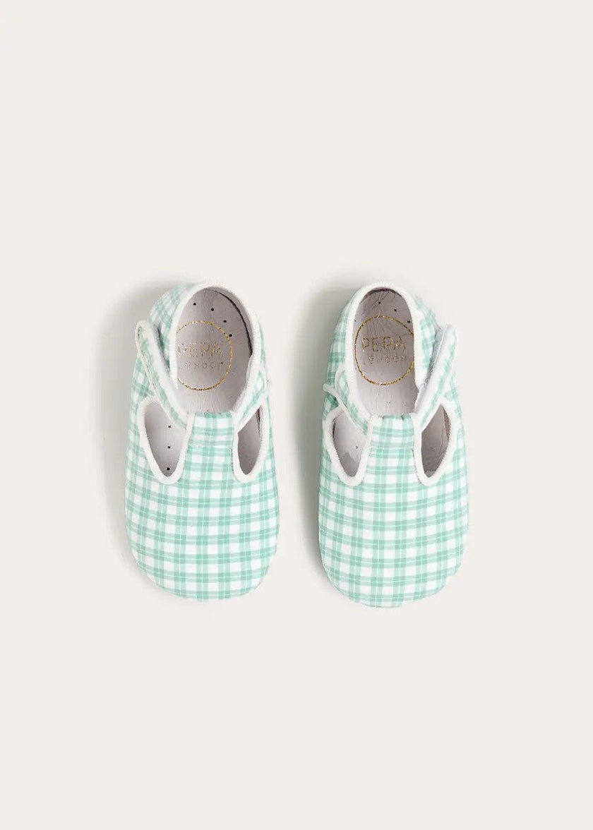 Lucas Check T-Bar Pram Shoes in Green (17-20EU)