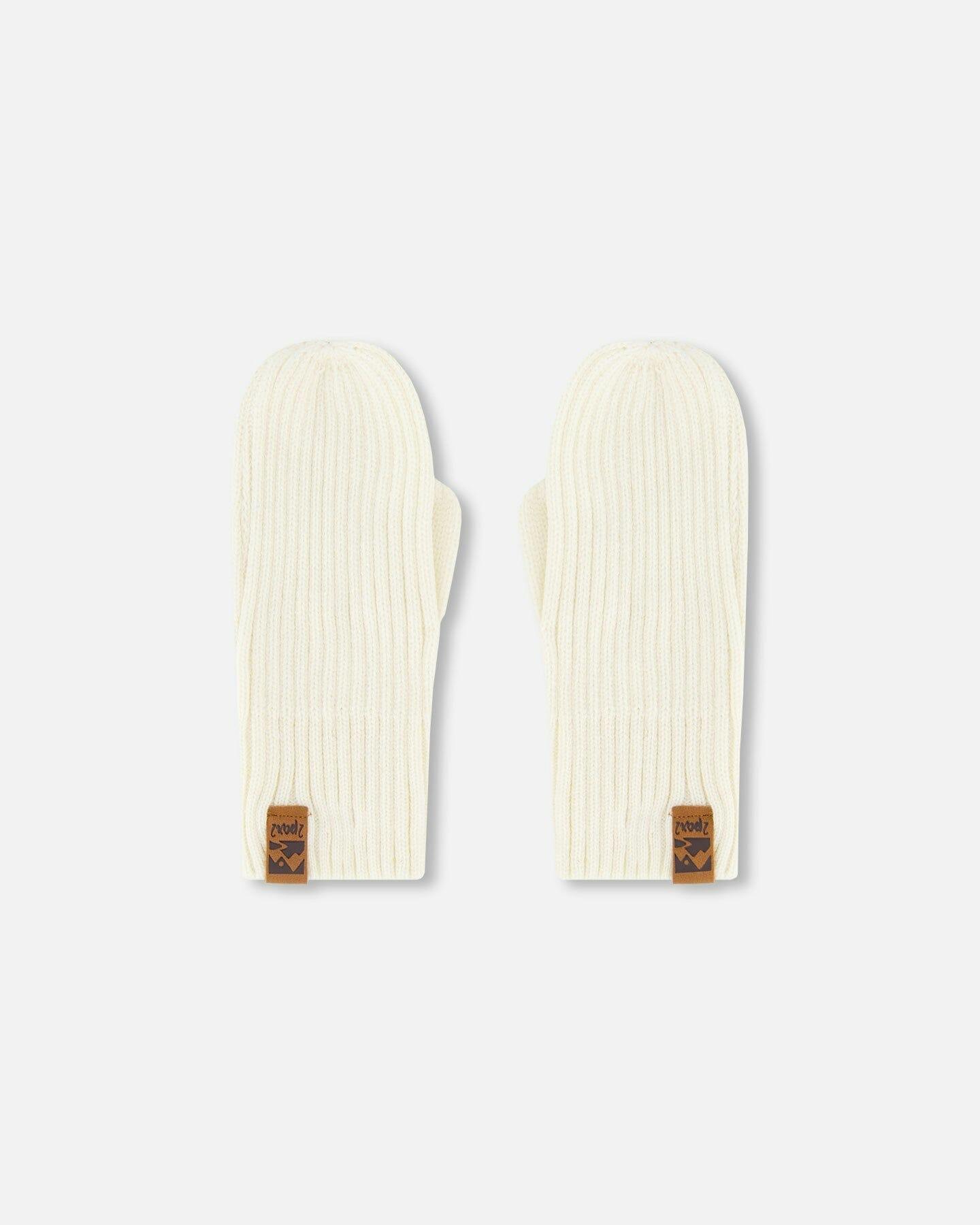 Ribbed Knit Mittens Off White