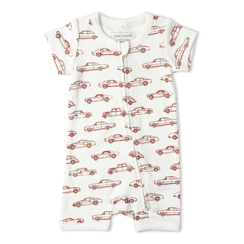 Organic Short Zip Romper - Cars
