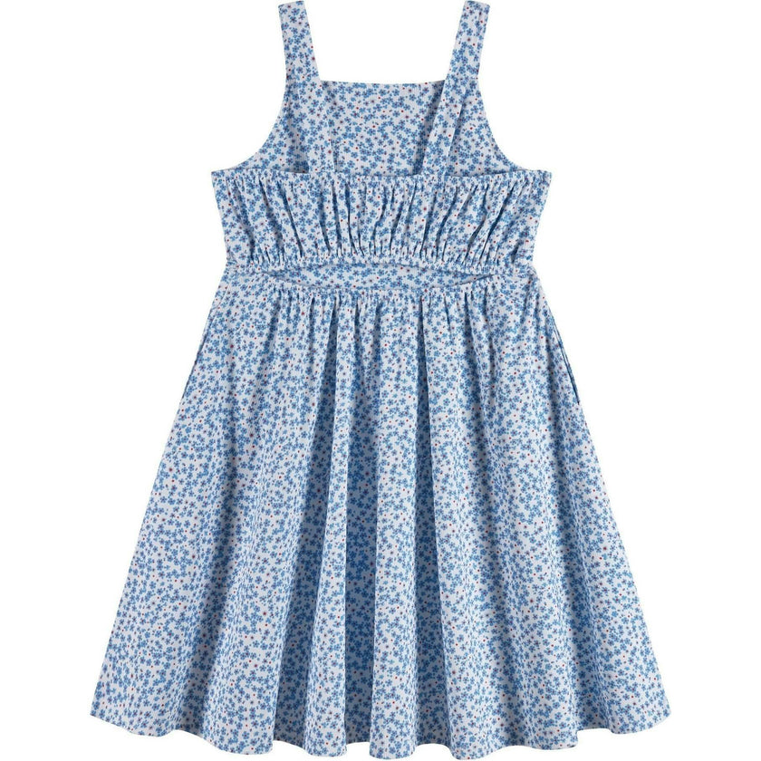 Tween Girls Floral Printed Dress W. Back Cutout | Blue Floral