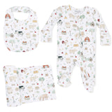 Cute Farm Animals Uni - 2 Way Zipper Footie, Swaddle  & Bandana Bib Set