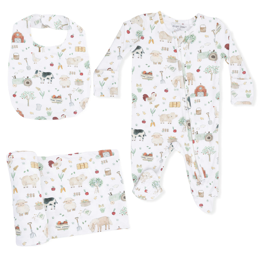 Cute Farm Animals Uni - 2 Way Zipper Footie, Swaddle  & Bandana Bib Set