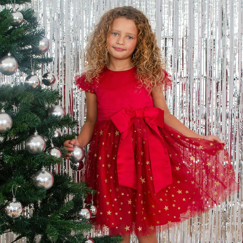 Stella Satin & Gold Star Girls Party Dress