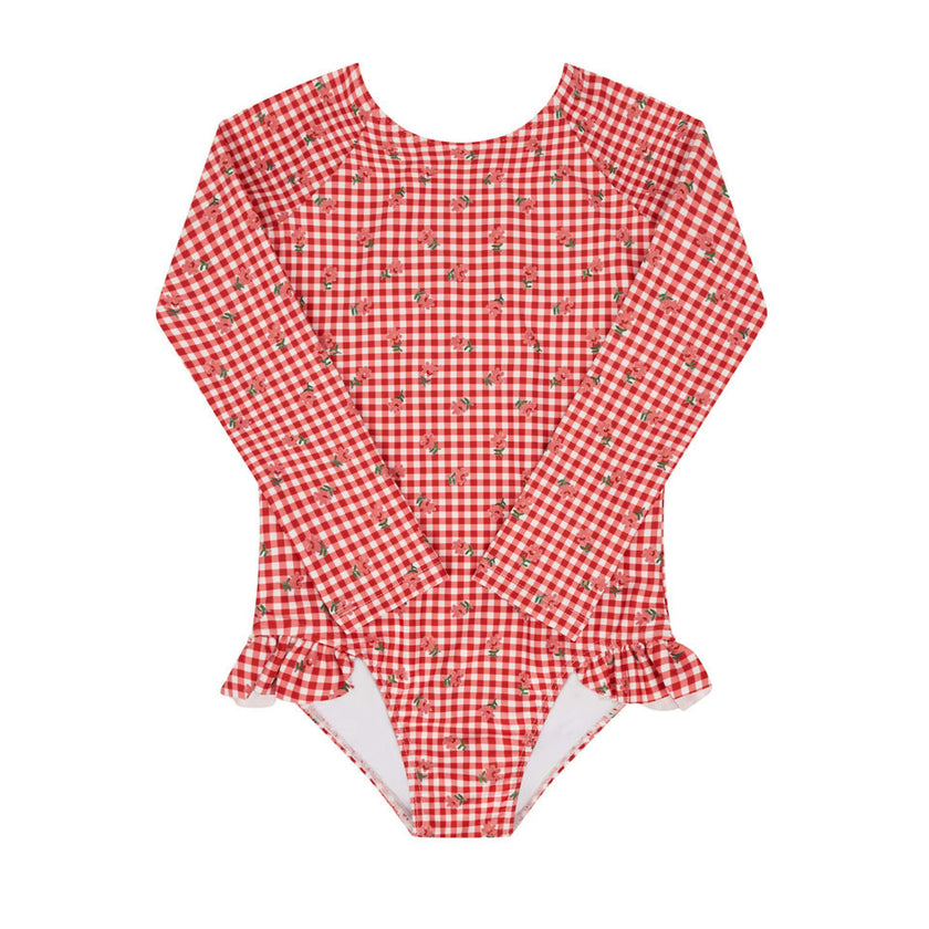 girls cranberry gingham rashguard one piece