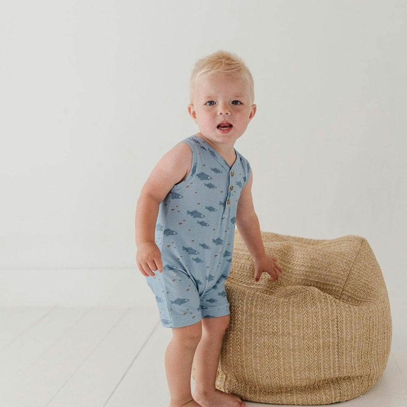 Baby Boy Sleeveless Romper in Fish