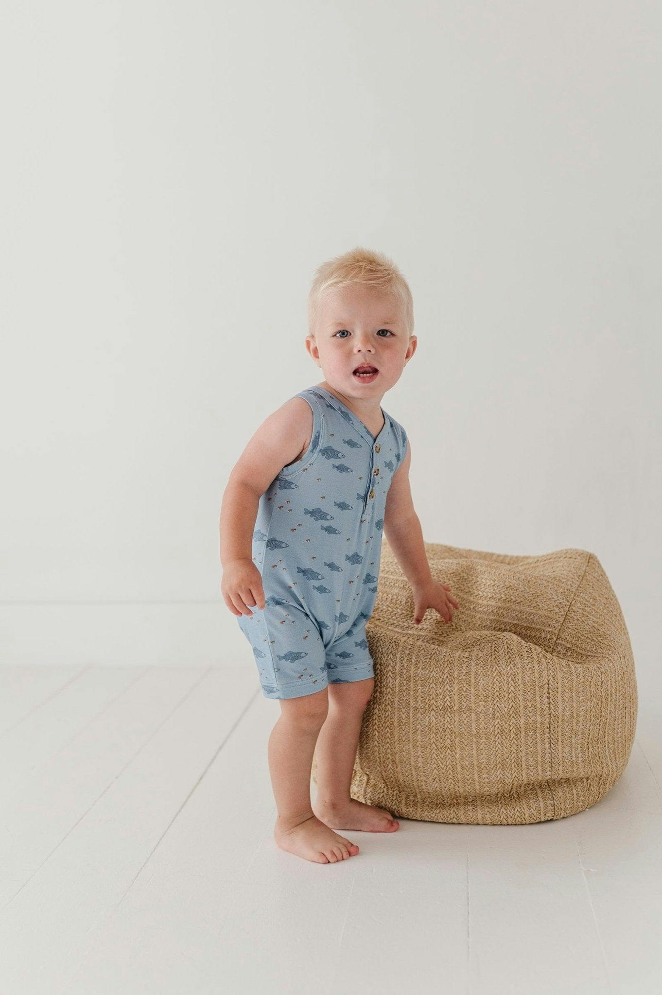 Baby Boy Sleeveless Romper in Fish