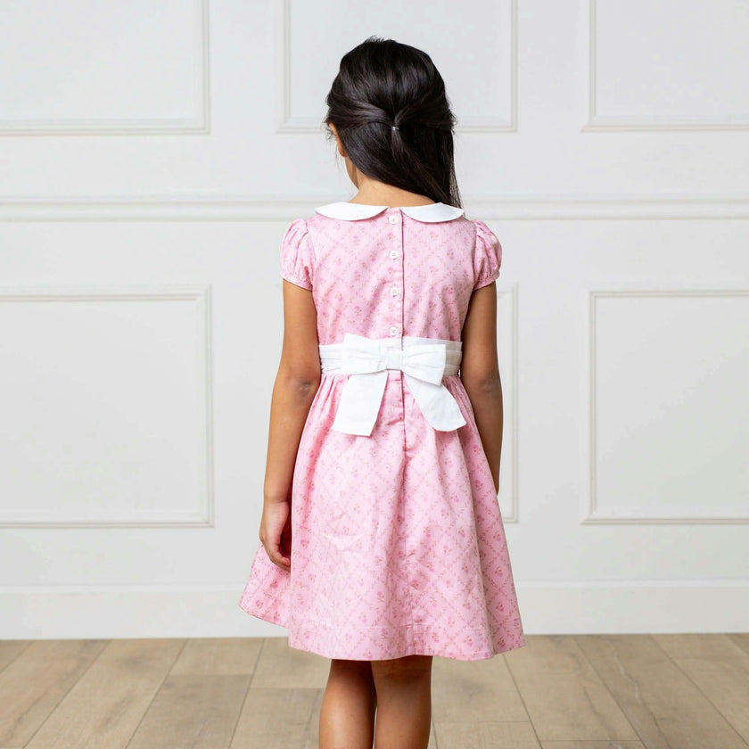 Organic Short Sleeve Sateen Dress with Peter Pan Collar, Pink