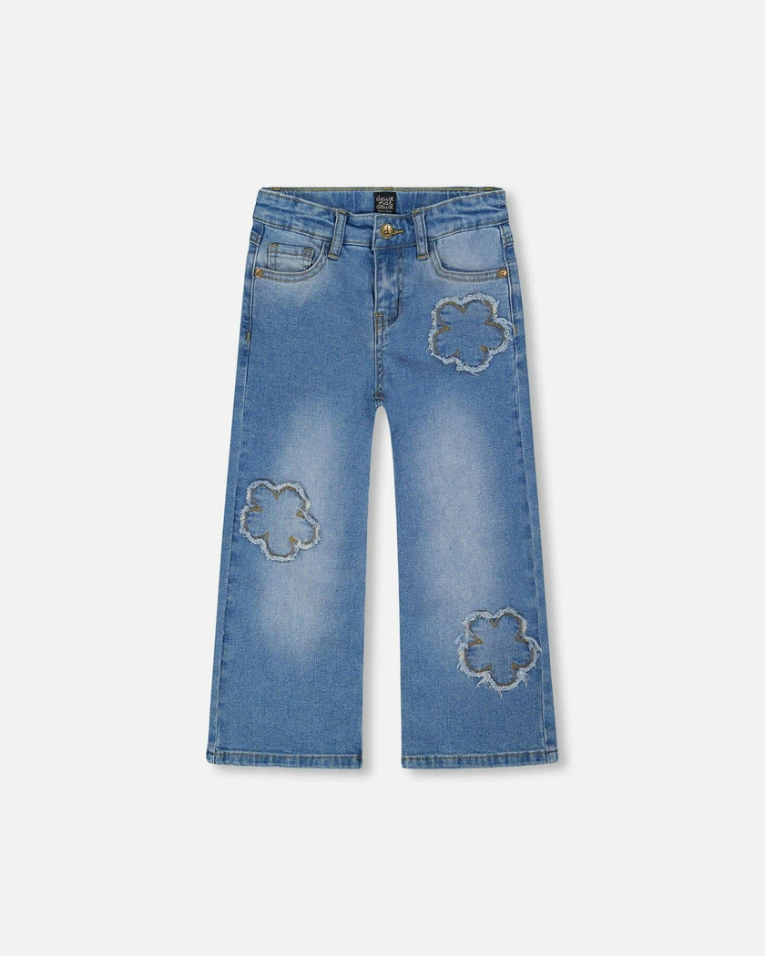 Wide Leg Stretch Light Blue Denim Jeans With Flower Stitching