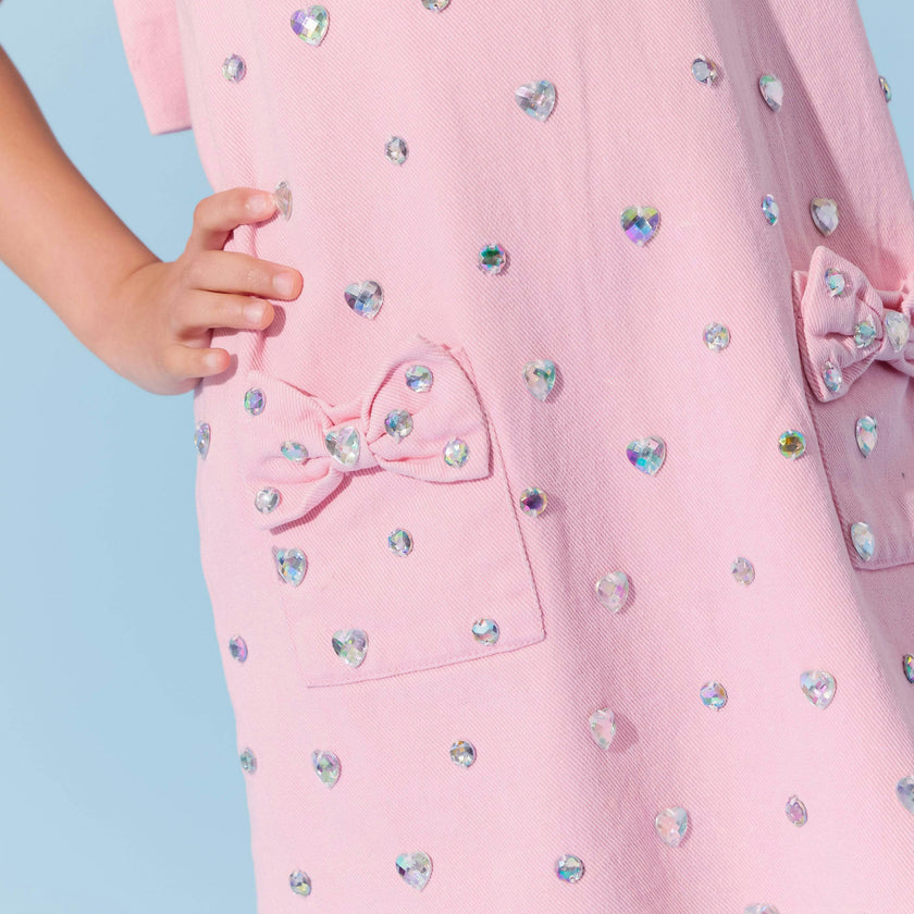 Pink Crystal Heart Denim Bow Dress