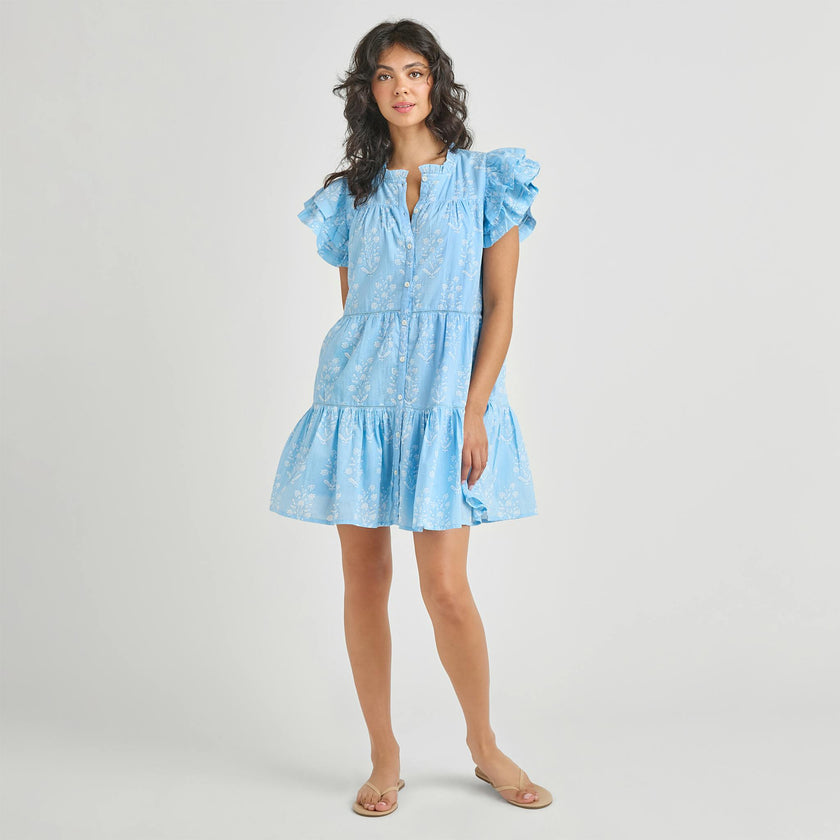Womens Kalani Ruffle Dress - Blue Dewdrop Block Print