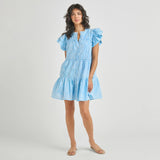 Womens Kalani Ruffle Dress - Blue Dewdrop Block Print