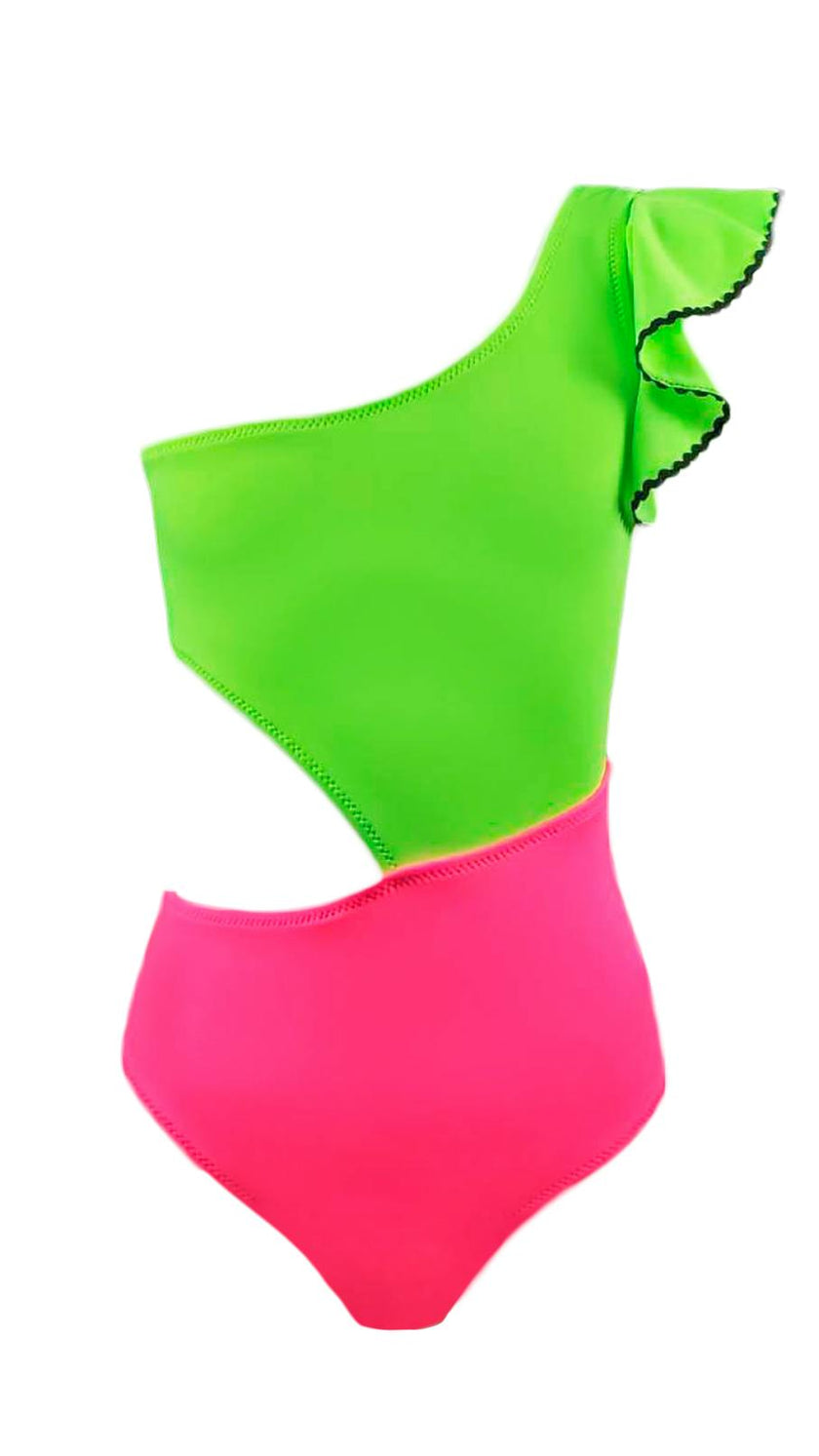 Berry Ruffle One-Shoulder One-Piece Swimsuit