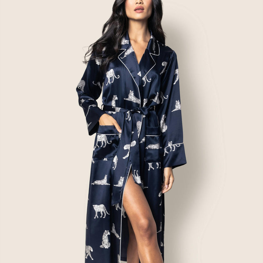 Women's Silk Long Robe in Panthère de Nuit