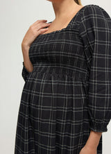 Plaid Smocked Ruffle Sleeve Maternity Midi Dress
