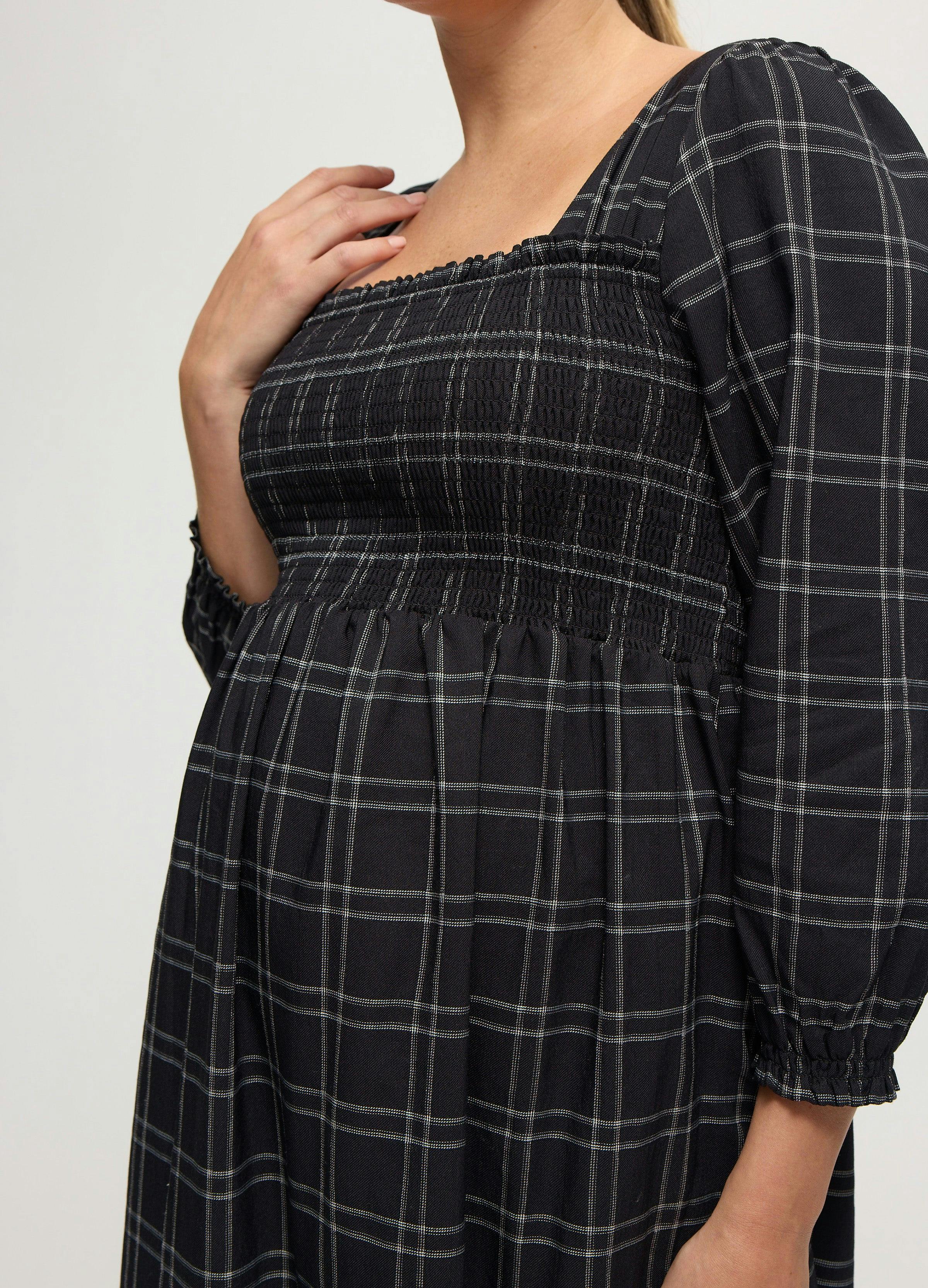 Plaid Smocked Ruffle Sleeve Maternity Midi Dress