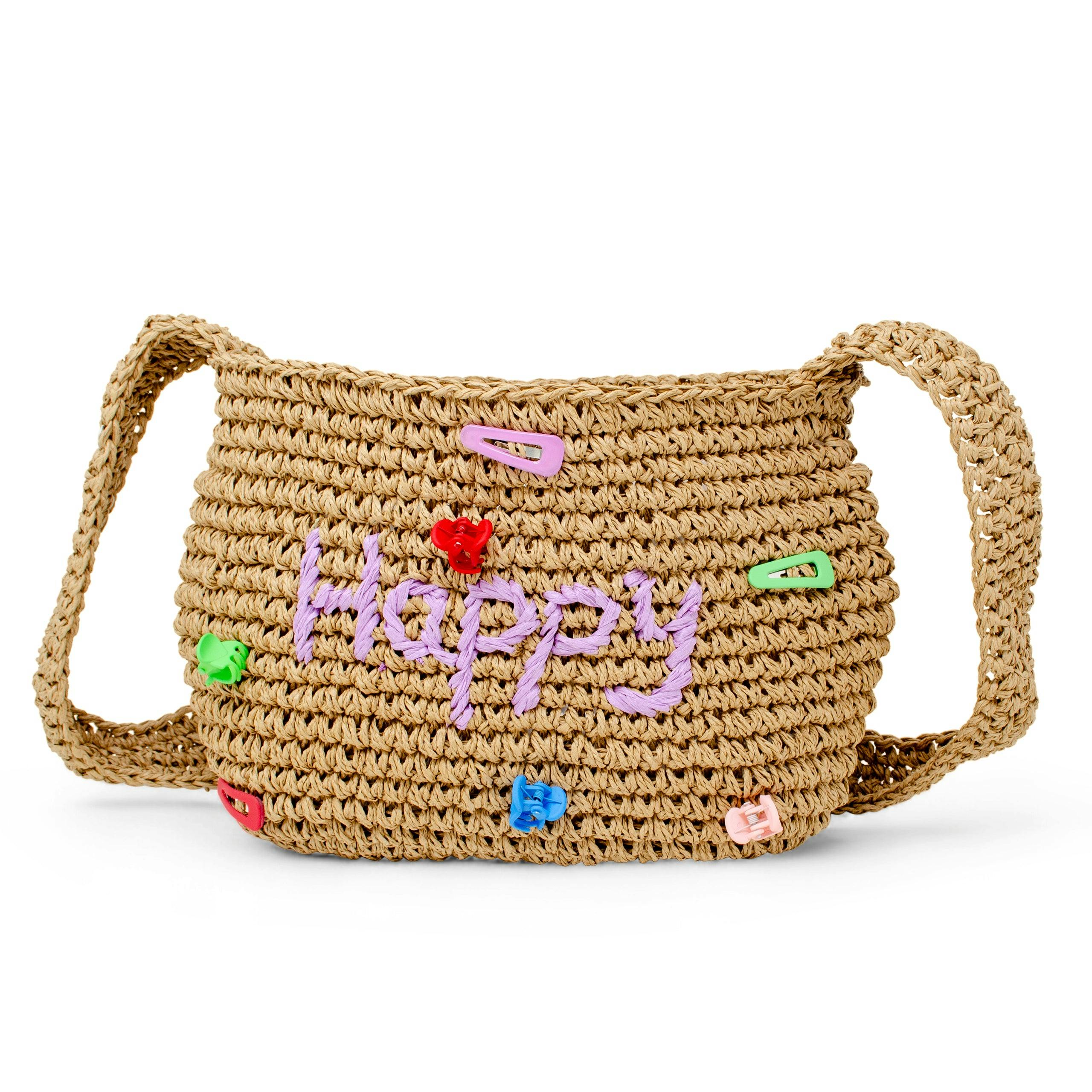 Girls Wicker Crossbody Message Charm Tote