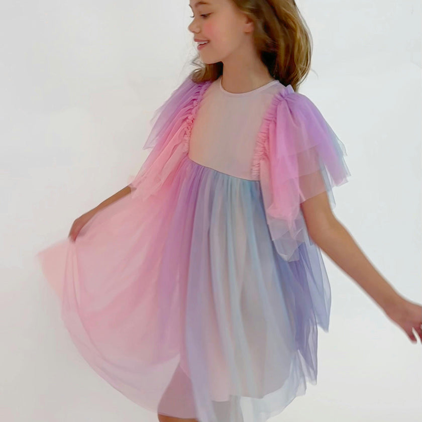 Cotton Candy Dream Flutter Sleeve Tulle Dress
