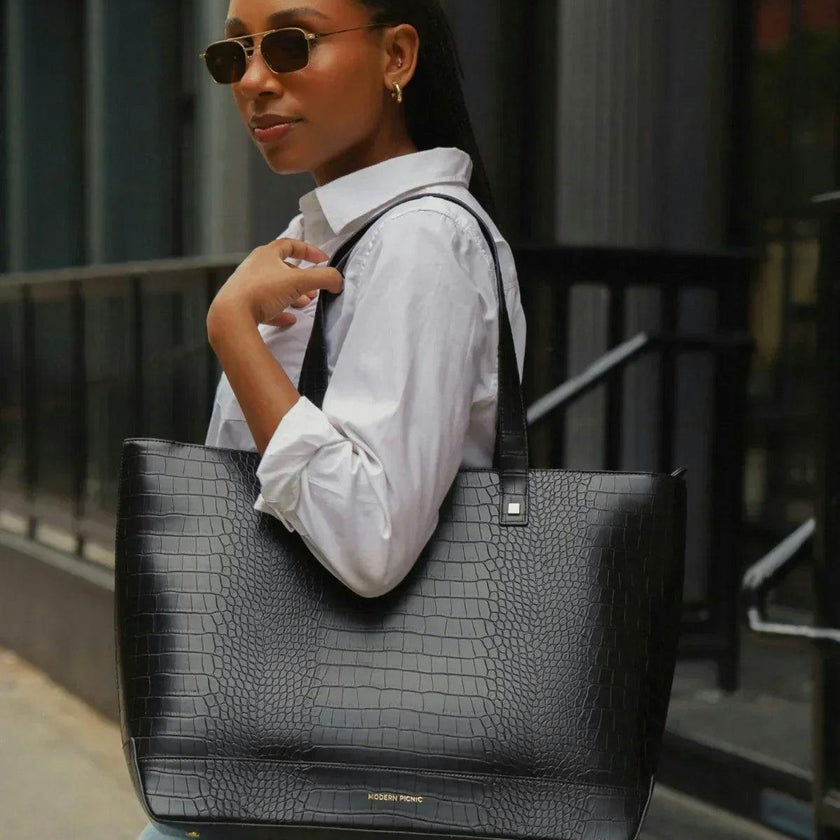 Vegan Leather Work Tote Bag with Removable Insulated Pouch, Black Croc