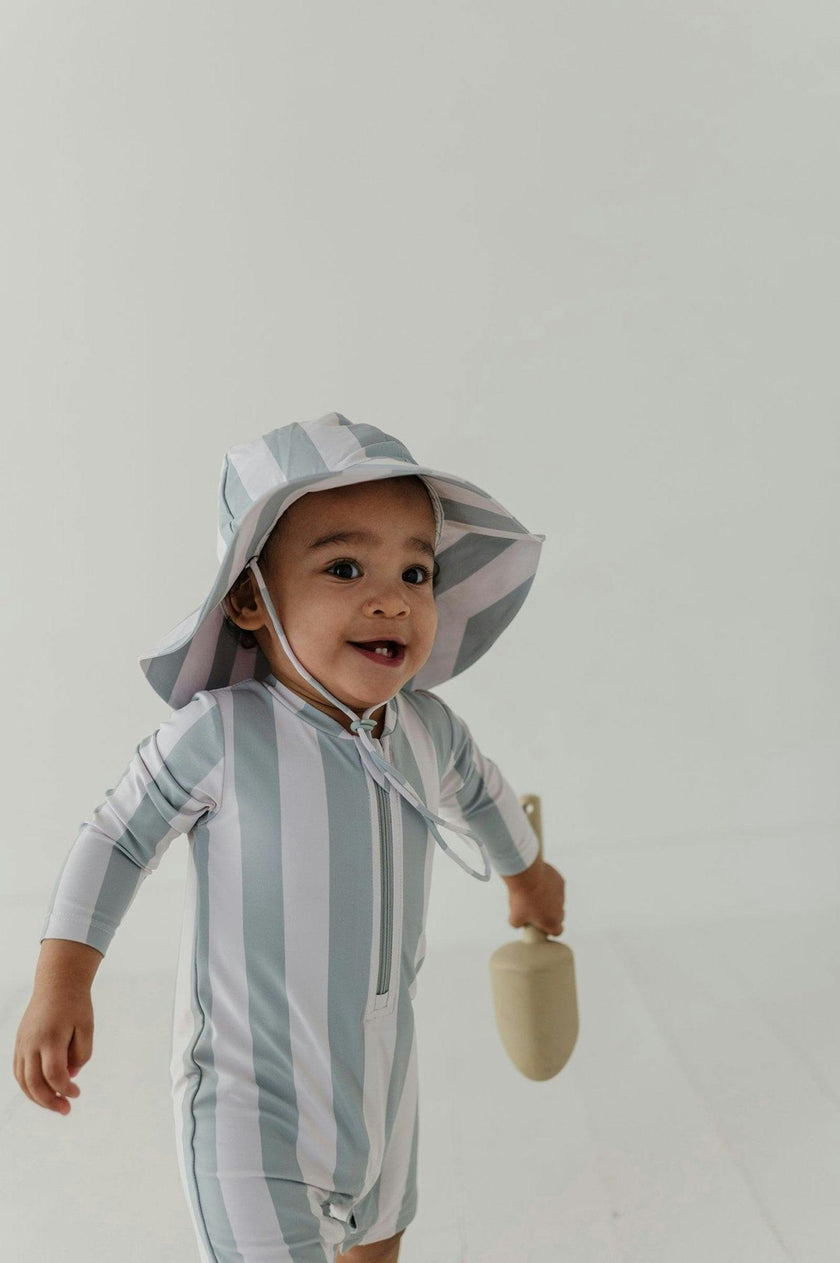 Baby Boy One-Piece Rash Guard Swimsuit in Aqua Grey Stripe